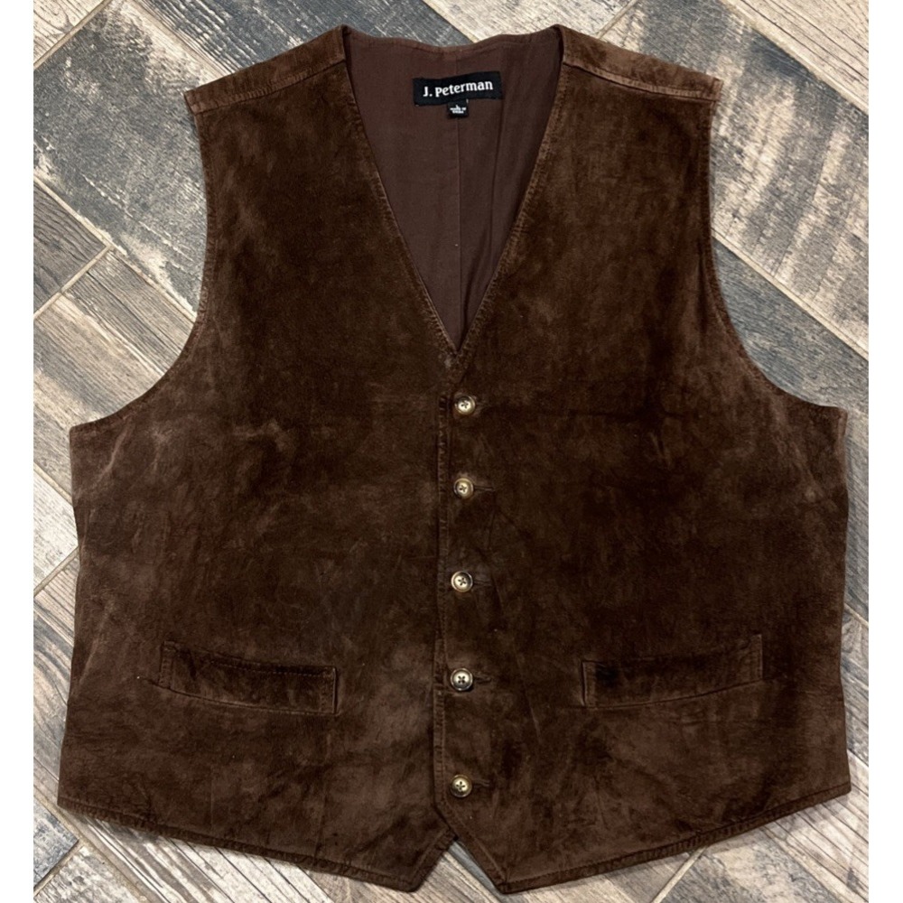 J Peterman Leather Suede Vest Waistcoat Lined 5 Button Mens Dark Brown Large
